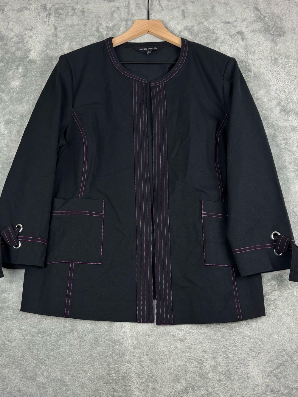 Ming Wang Jacket Women Large Black Purple Contrast Stitching Open Front